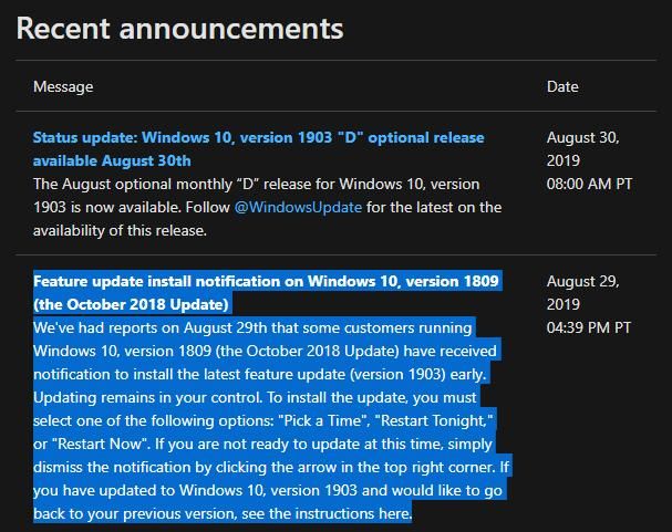 微软证实一些Windows10 1809用户提前收到1903更新