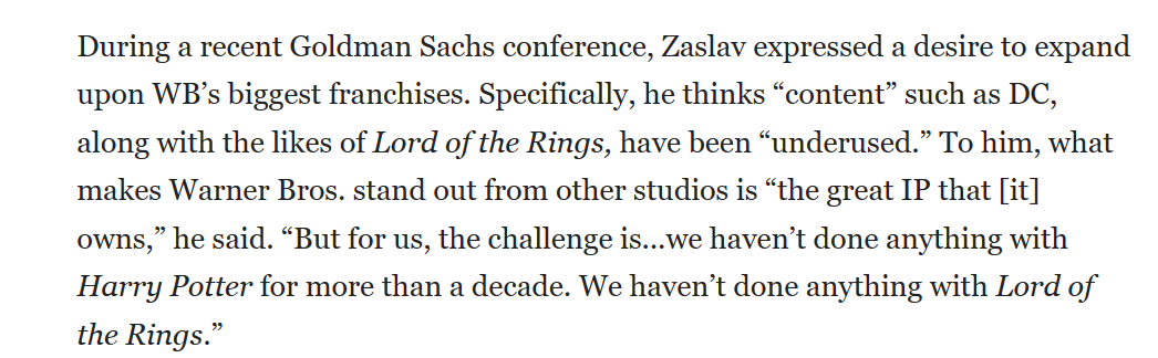 华纳兄弟 CEO 表示：公司旗下众多知识产权尚未得到“充分发挥”，例如“哈利波特、DC 宇宙、指环王”等