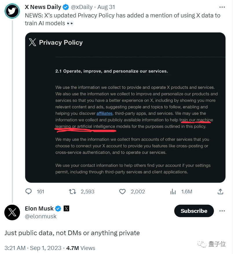 马斯克确认自己使用X数据训练AI，微软无法使用，但他自己可以使用