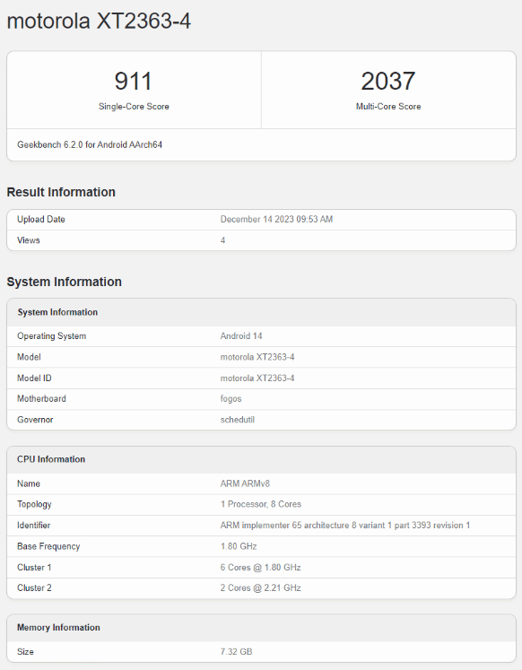 揭示摩托罗拉新机“XT2363-4”在GeekBench跑分方面的重大发现