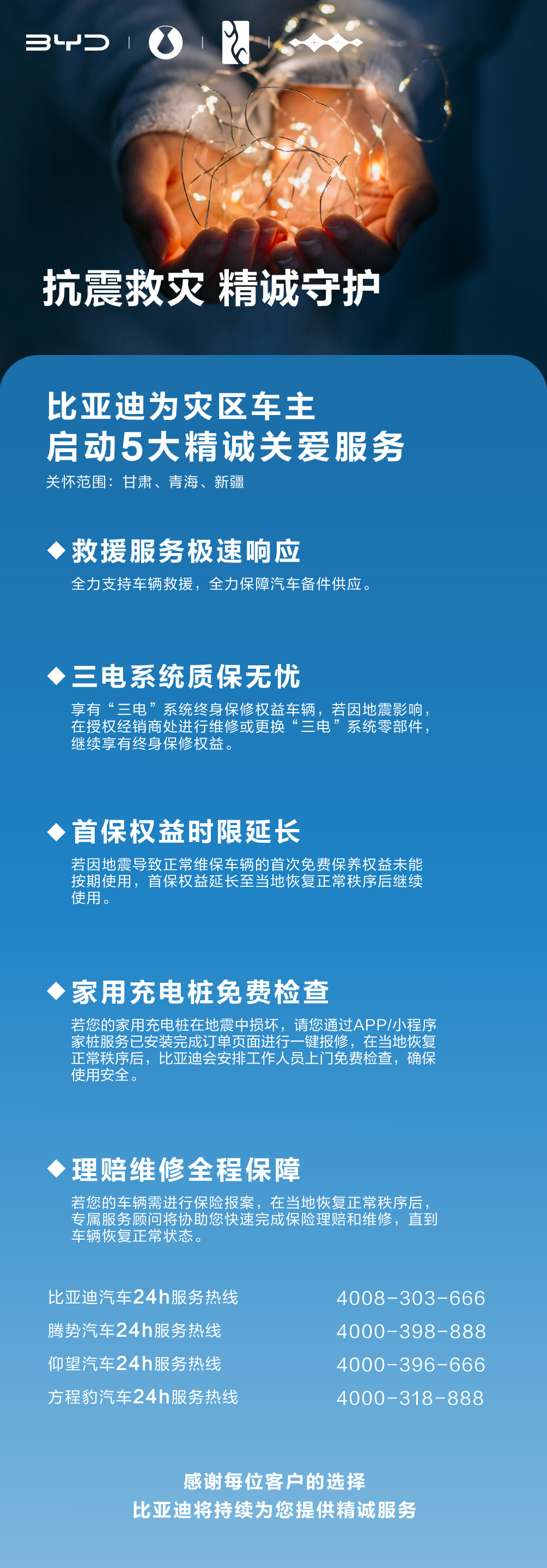 比亚迪启动 5 大关怀服务，为甘肃、青海、新疆灾区车主捐赠 1000 万元