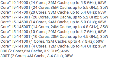 Intel 14代酷睿非K系列型号即将发布