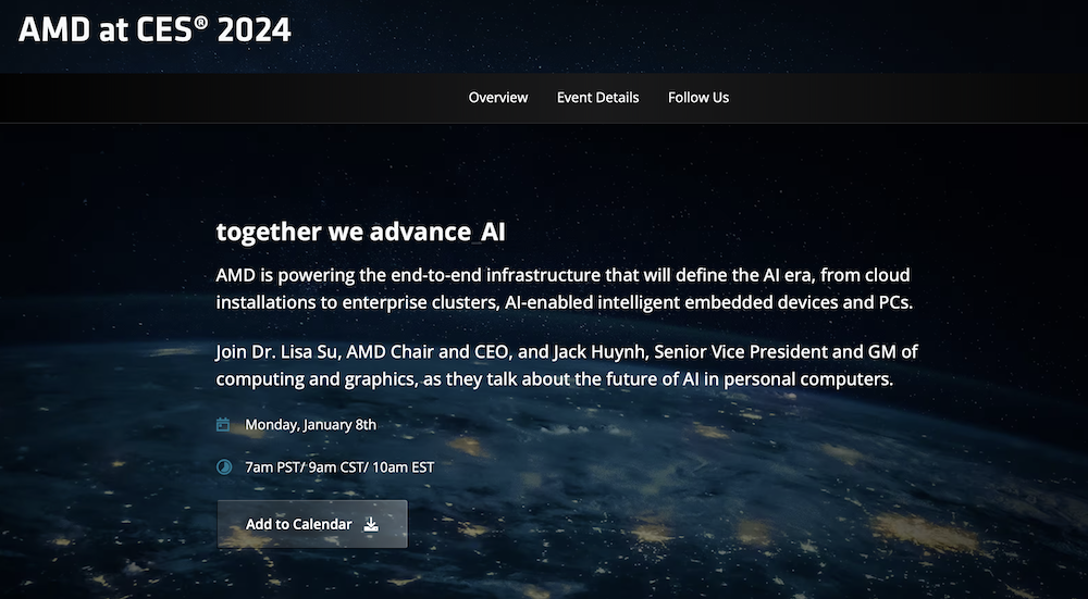 AMD CES 2024发布会确认时间为1月8日，预计推出全新CPU和显卡产品