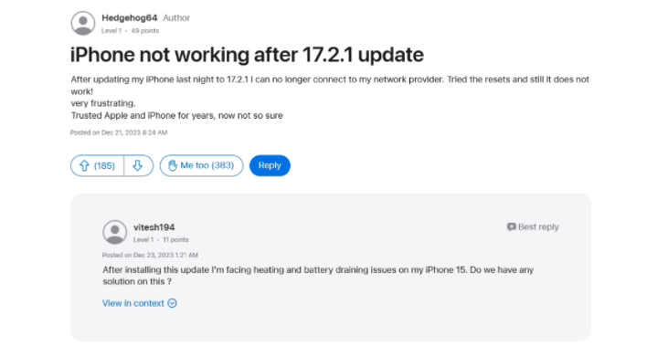 iPhone升级iOS 17.2.1出现无法接打电话、蜂窝上网的情况，如何修复？