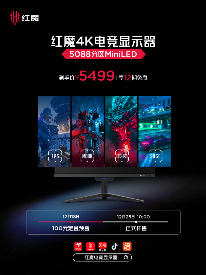 今日起售：红魔 5088 分区 Mini LED 电竞显示器，4K160Hz，售价为 5499 元