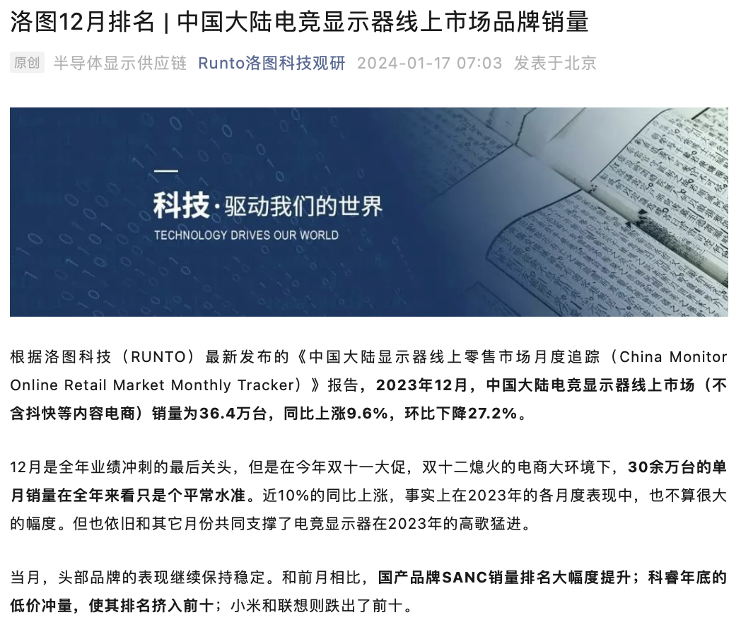 洛图科技：中国大陆电竞显示器在线销售量于2023年12月达到36.4万台，同比增长9.6%