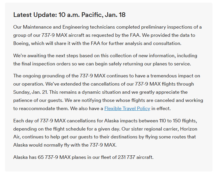 阿拉斯加航空宣布将继续停飞波音 737 MAX 9 至 21 日，每天取消110到150个航班