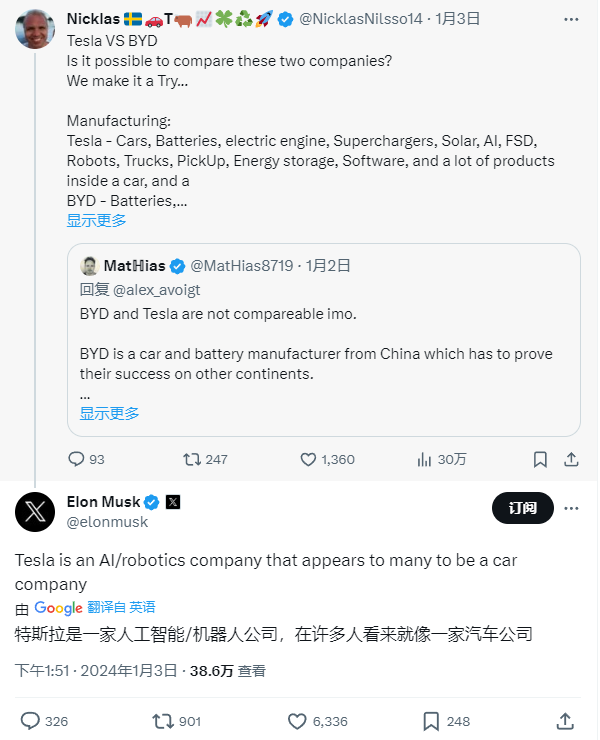 马斯克回应比亚迪汽车销量超越特斯拉：我们是一家 AI 及机器人公司