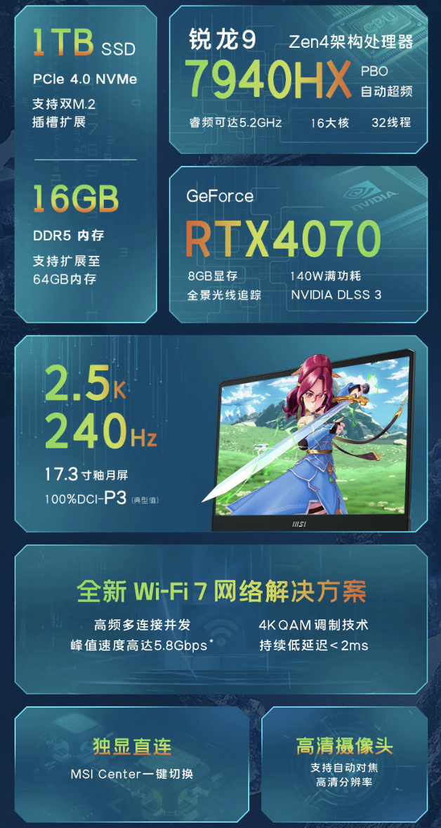 微星雷影 17 游戏本新增配置：R9-7940HX + RTX 4070 + 16GB + 1TB 首发价格 9999 元