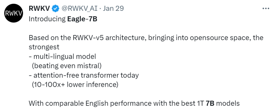 Eagle7B: 通过RWKV降低推理成本10-100倍的无注意力大模型