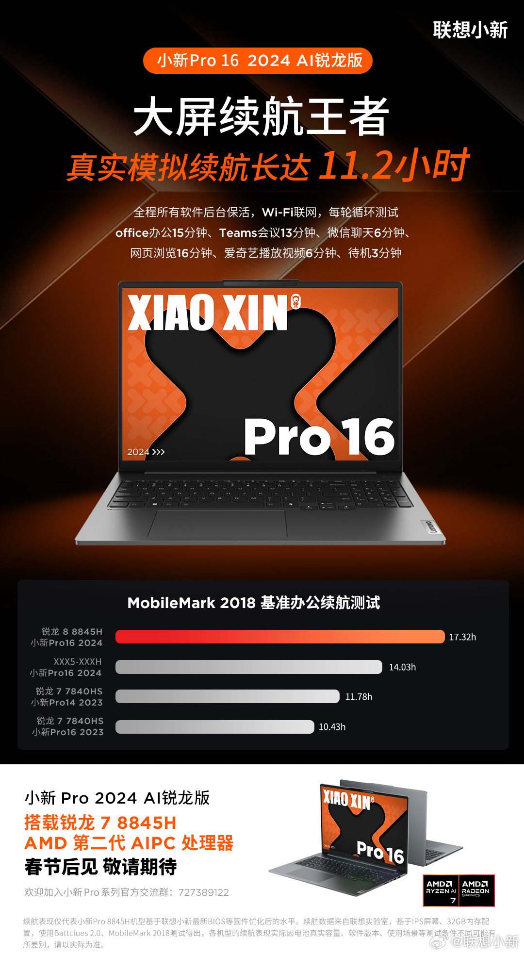 联想预热小新 Pro16 2024 锐龙版轻薄本：升级 84Wh 电池，模拟续航 11.2 小时