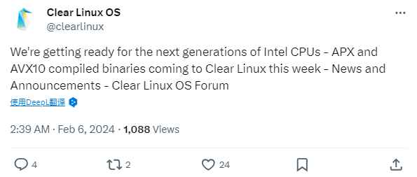 英特尔 Clear Linux 编译二进制文件以支持 AVX10 和 APX 指令集，为未来的 CPU 做好准备