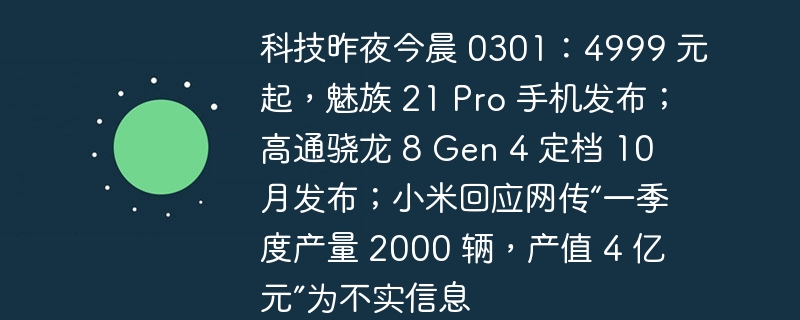 科技昨夜今晨 0301：4999 元起，魅族 21 Pro 手机发布；高通骁龙 8 Gen 4 定档 10 月发布；小米回应网传“一季度产量 2000 辆，产值 4 亿元”为不实信息