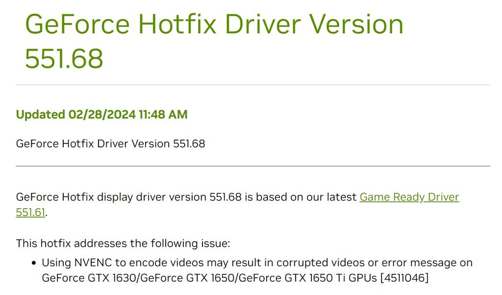 英伟达向 GTX 16 系列显卡发布 Hotfix 551.68 驱动更新：修复 NVENC 问题