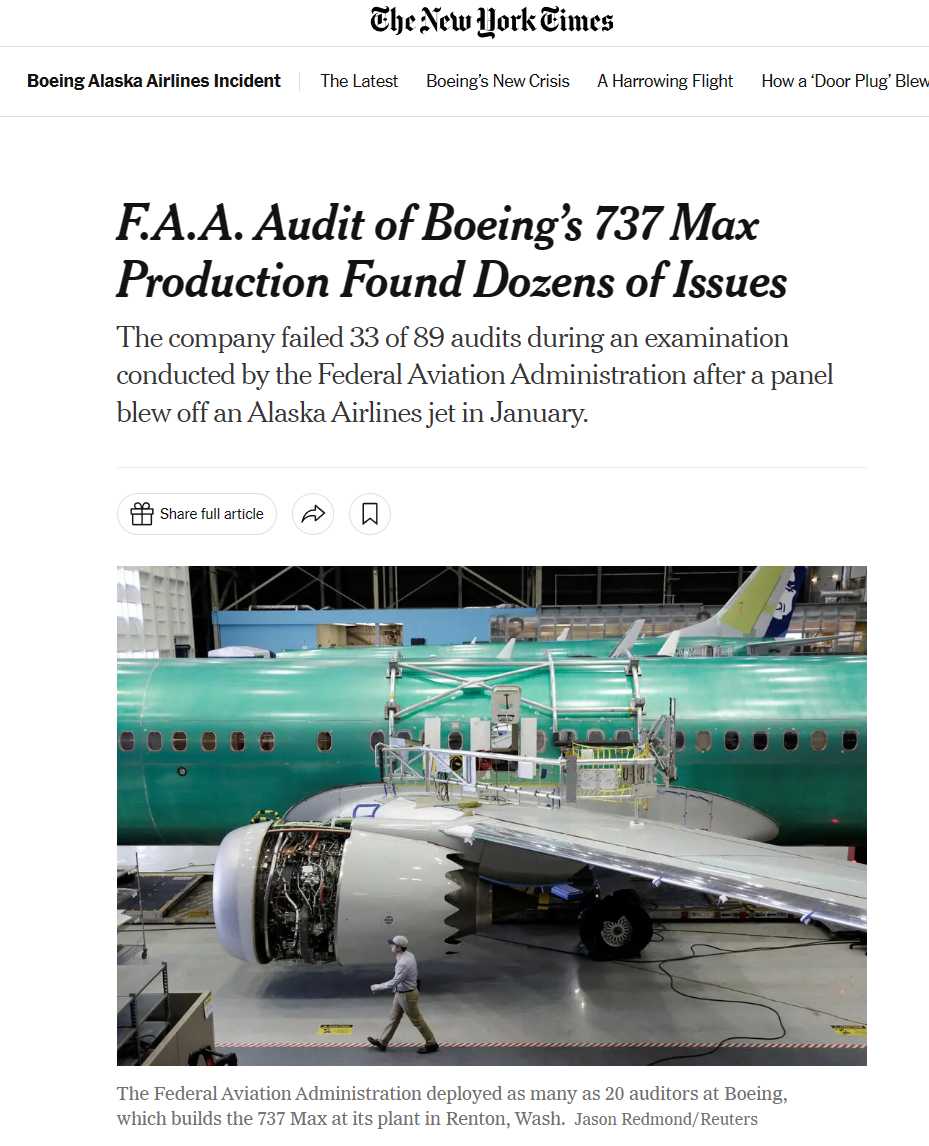 美国 FAA 对波音 737 Max 客机调查报告出炉：33 项审计未通过，占比超 37%