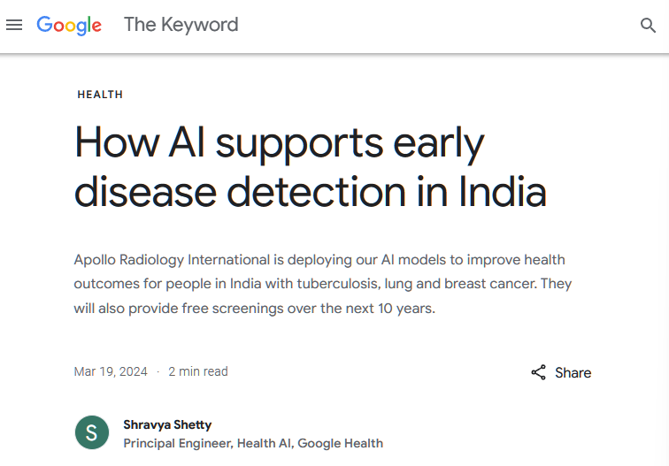 人工智能模型提供支持，谷歌拟在印度提供肺结核、肺癌等疾病筛查服务
