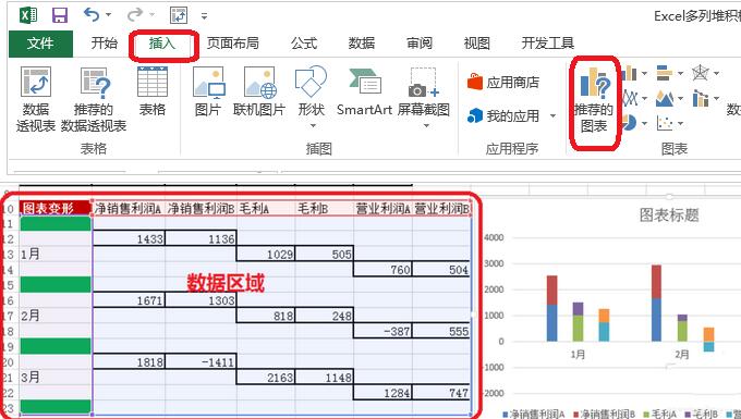 Excel表格中数据做成多列堆积柱形图的操作方法