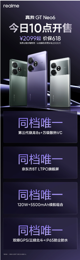 realme 真我 GT Neo6 手机今日开售，起售价仅需2099元，搭载强悍的高通骁龙8s Gen3处理器