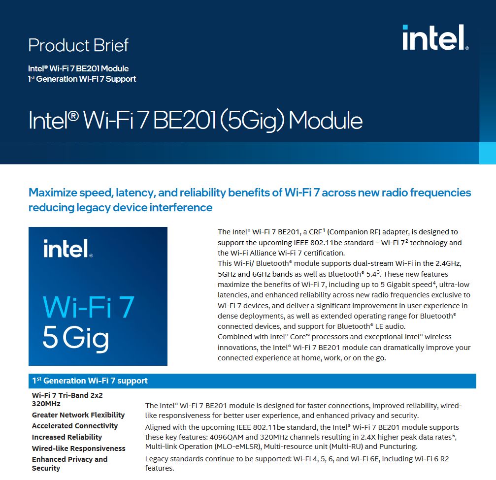 英特尔公布 Wi-Fi 7 BE201 网卡，支持 CNVio3 接口