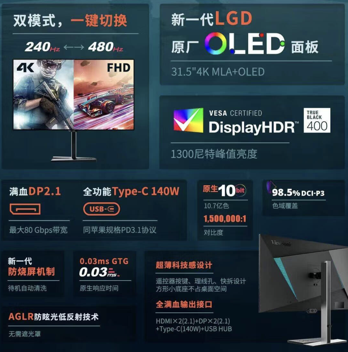 优派推出“XG323-4K-OLED2”31.5 英寸显示器：4K 240Hz /1080p 480Hz 双模式，10999 元