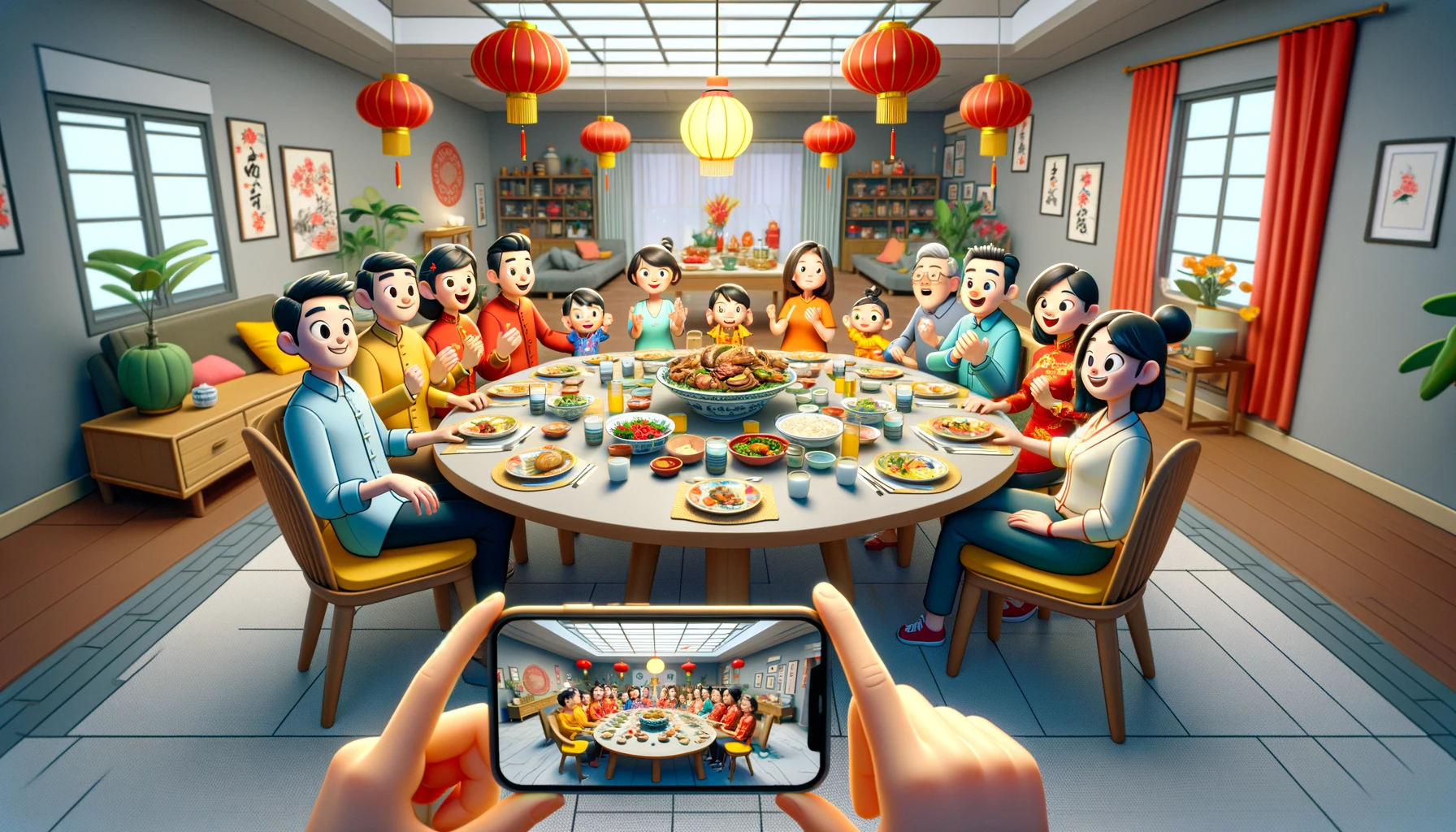 DALL·E 2024-01-18 20.23.23 - This animated scene in a 16_9 aspect ratio shows a family reunion dinner during the Spring Festival, now with more naturally depicted hands holding a .png