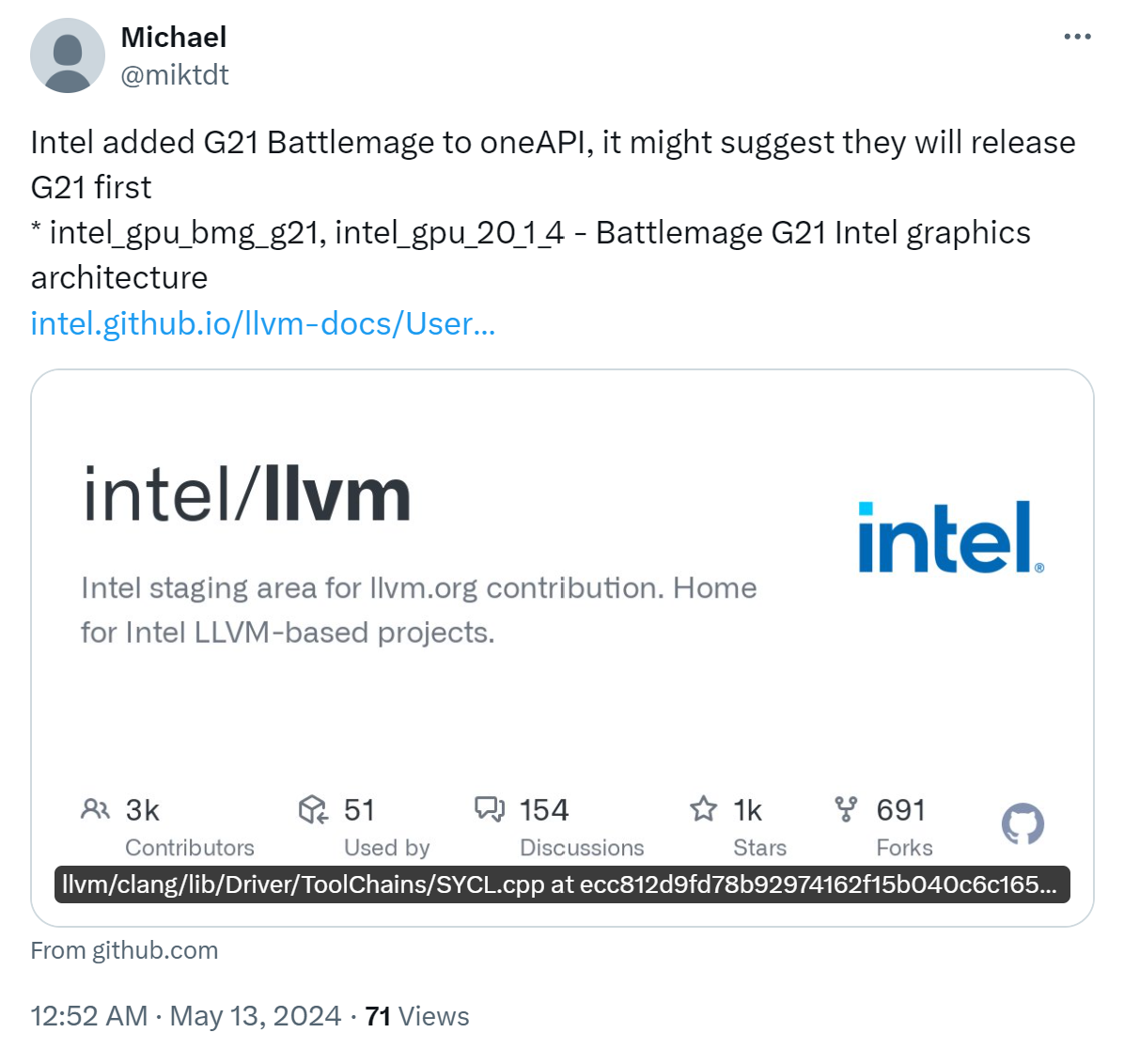 有望成为英特尔下代独显首发 GPU ，bmg_g21 核心率先现身 LLVM 更新