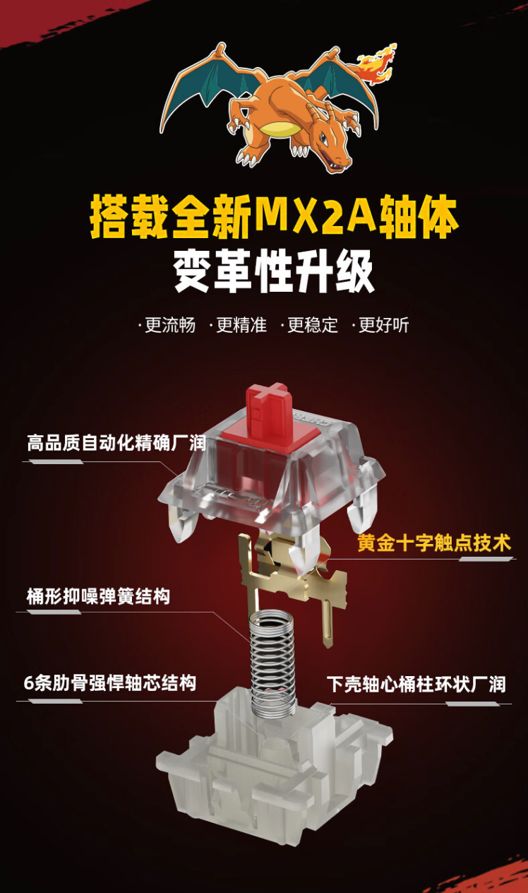 CHERRY 樱桃 MX3.0S 宝可梦喷火龙联名无线键盘今晚开售，1099 元