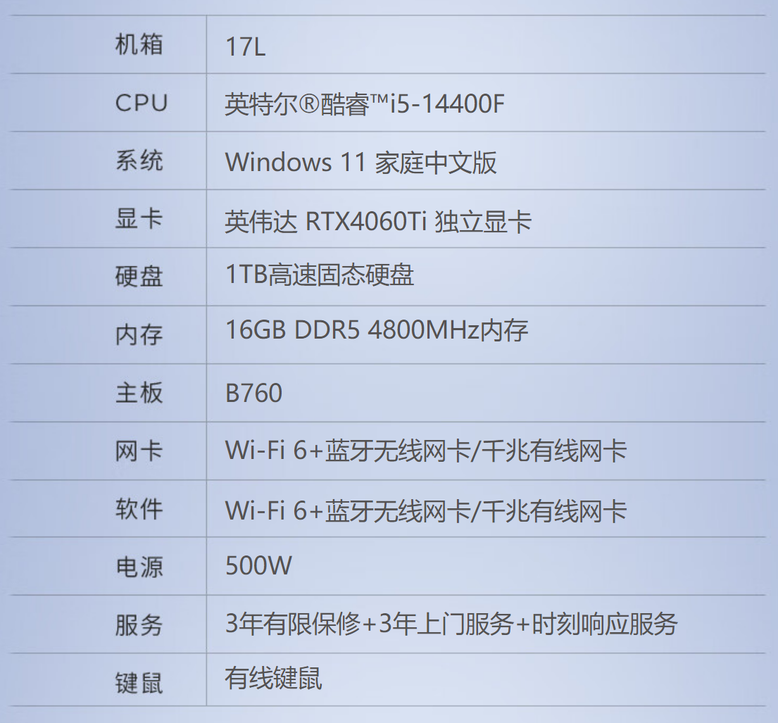 i5-14400F+RTX4060Ti：联想 T4900k 台式机 16+1TB 版 4996 元 6 期免息