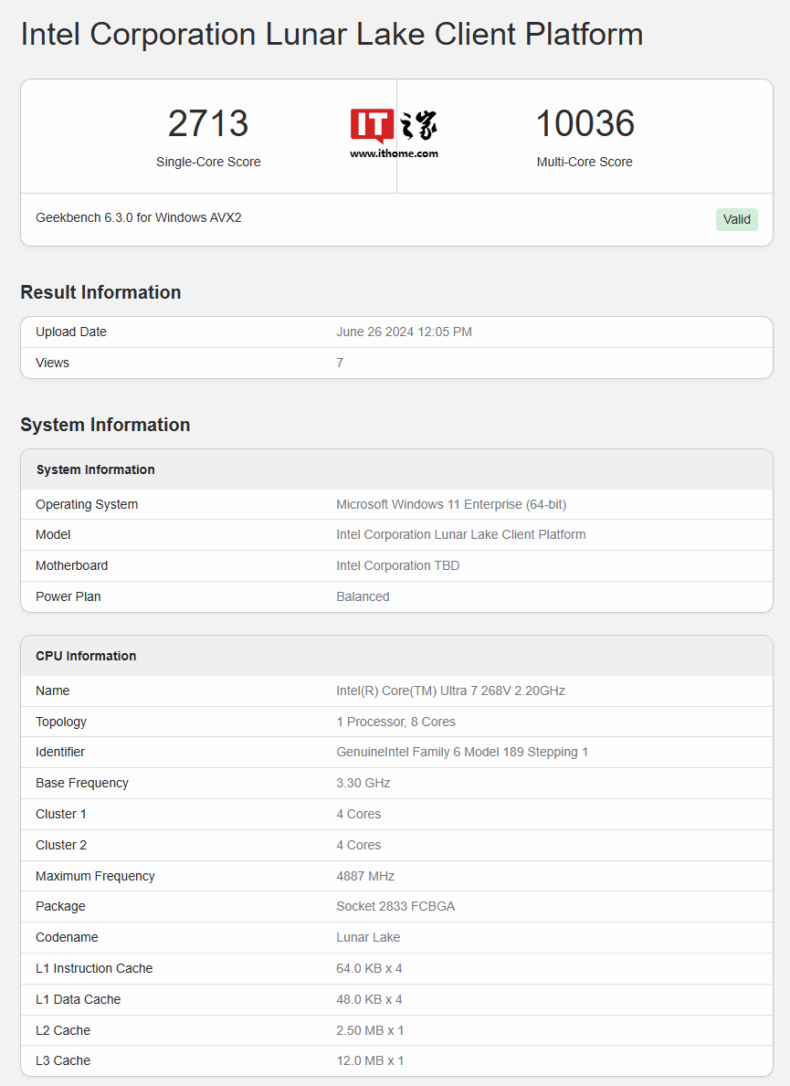 代号 Lunar Lake，英特尔酷睿 Ultra 7 268V 处理器现身 Geekbench