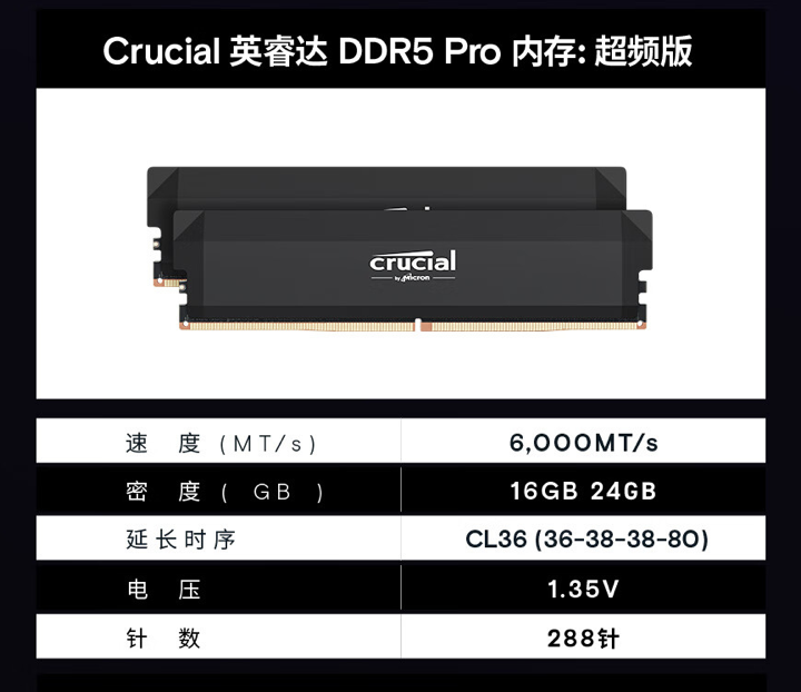 首发 849 元 → 今日 479 元：英睿达 Pro 系列 DDR5 6000 内存 32G 套装蹲点抢