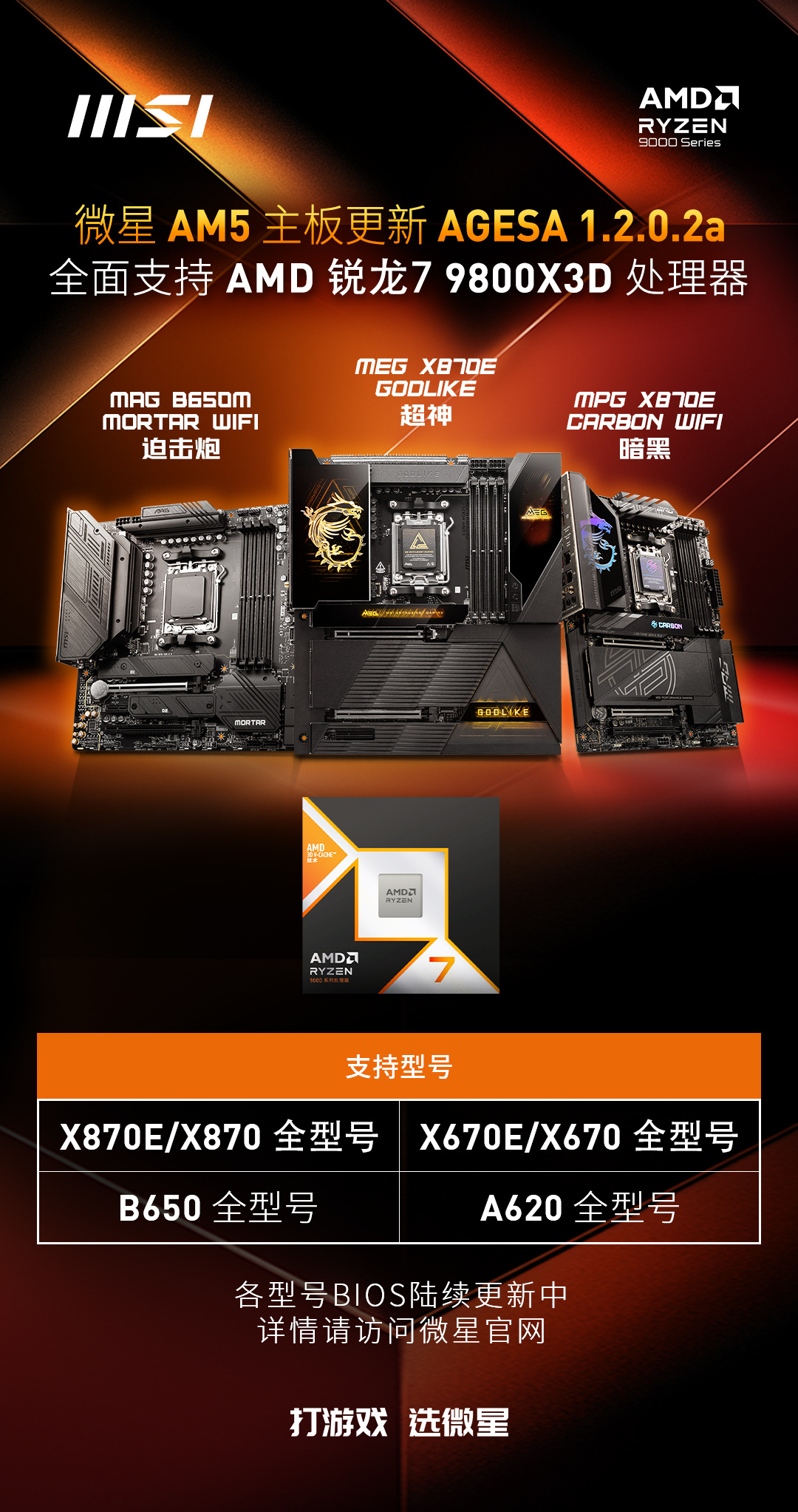 微星宣布 AM5 主板更新 AGESA 1.2.0.2a，全面支持 AMD 锐龙 7 9800X3D 处理器