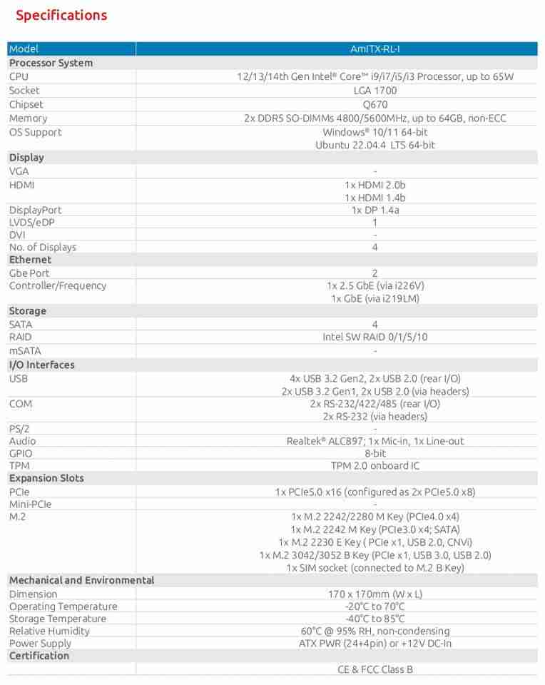 凌华推出两款 AmITX Mini-ITX 主板：双网口，最高支持 64GB DDR5 4800MHz 内存