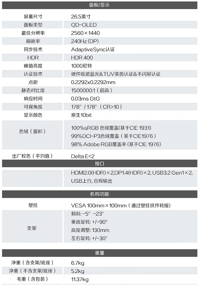 AOC 推出“AG276QZD2”26.5 英寸显示器：2K 240Hz QD-OLED，4299 元