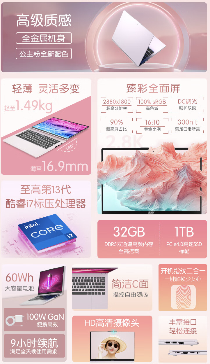 宏碁 14 英寸非凡 Go 公主本开售：i7-13620H + 32G + 1T 售 4899 元